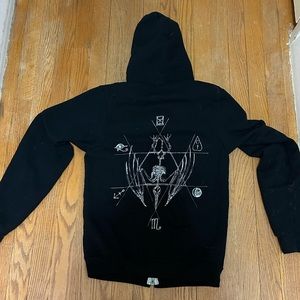 SOVRIN creature zip hoodie with hummingbird skull patch